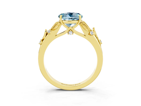 Yellow gold Round Cut Aquamarine Solitaire Ring with Leaf Motif Band and Four-Prong Setting
