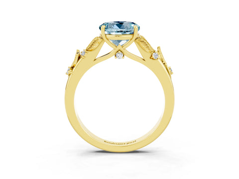 Yellow gold Round Cut Aquamarine Solitaire Ring with Leaf Motif Band and Four-Prong Setting_3