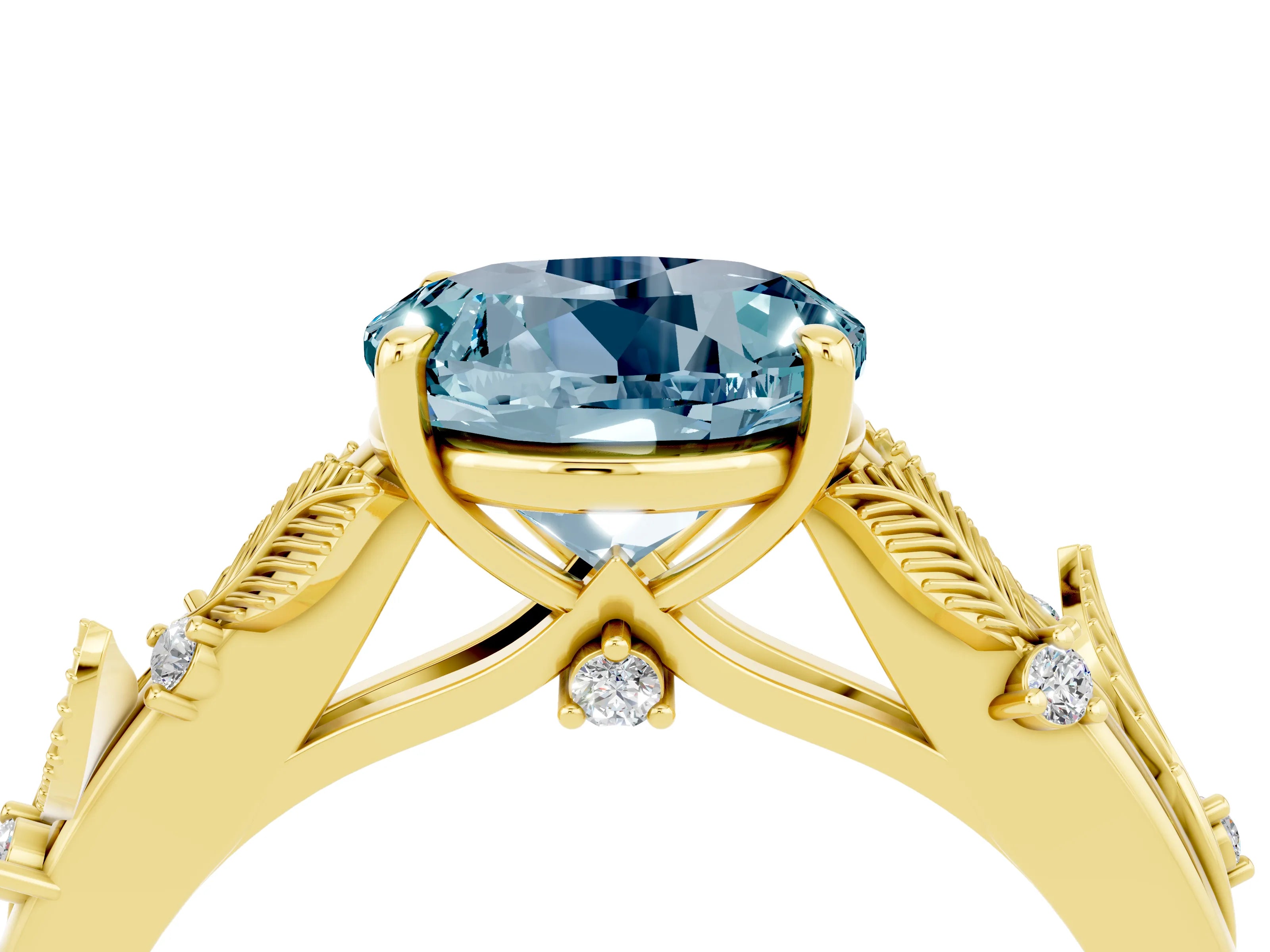 Yellow gold Round Cut Aquamarine Solitaire Ring with Leaf Motif Band and Four-Prong Setting_4