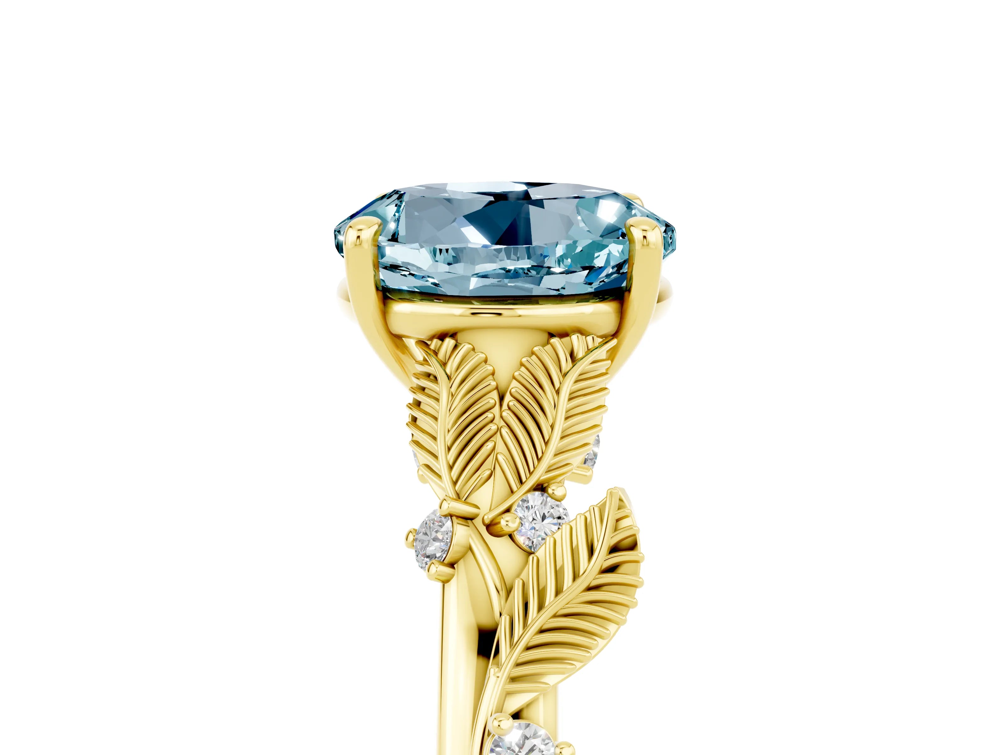 Yellow gold Round Cut Aquamarine Solitaire Ring with Leaf Motif Band and Four-Prong Setting_5