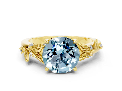 Yellow gold Round Cut Aquamarine Solitaire Ring with Leaf Motif Band and Four-Prong Setting
