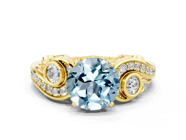 Yellow gold Round Cut Aquamarine Solitaire Ring with Milgrain Pavé Band and Four-Prong Setting