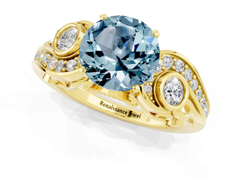 Yellow gold Round Cut Aquamarine Solitaire Ring with Milgrain Pavé Band and Four-Prong Setting_25