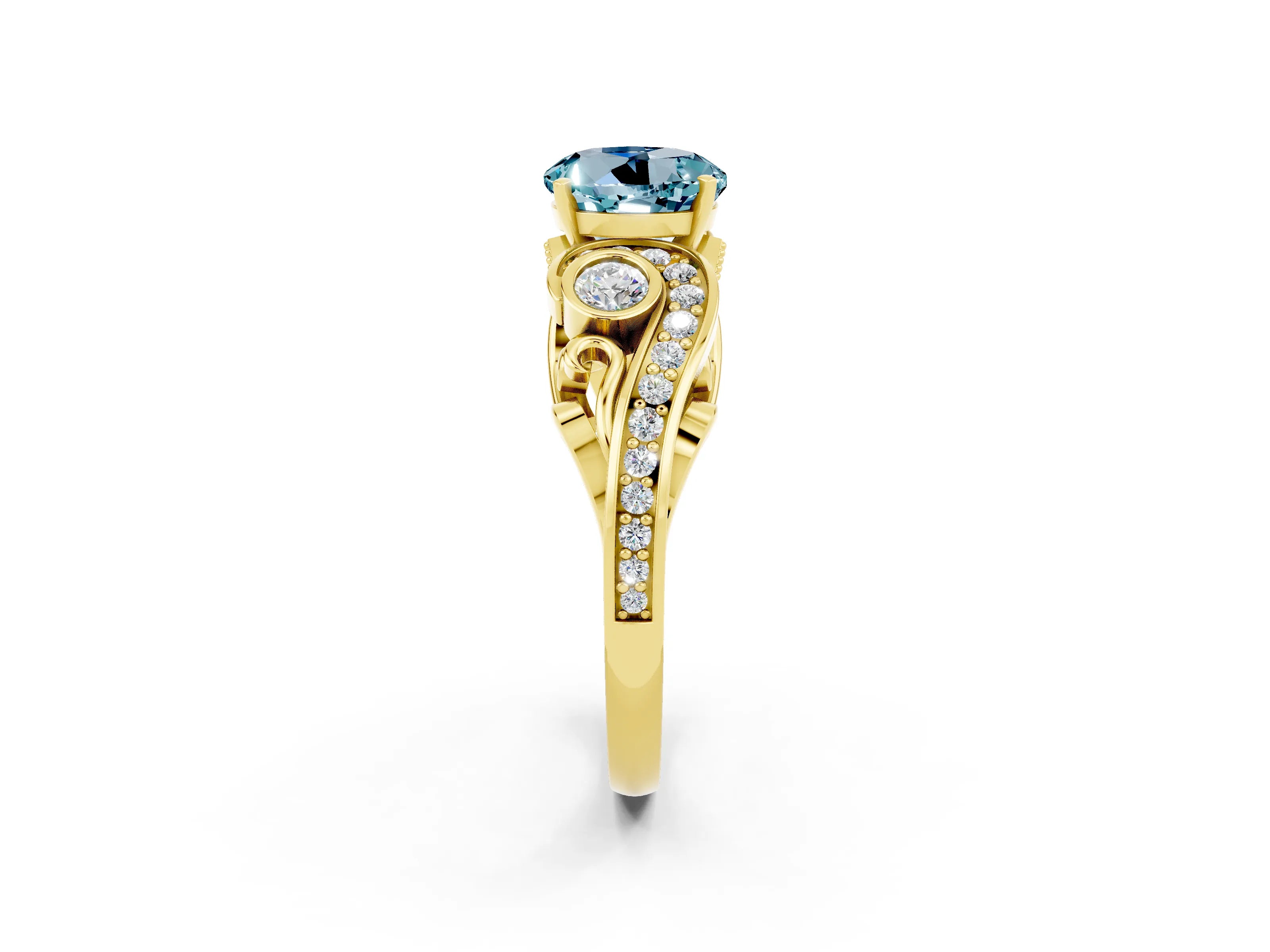 Yellow gold Round Cut Aquamarine Solitaire Ring with Milgrain Pavé Band and Four-Prong Setting_26