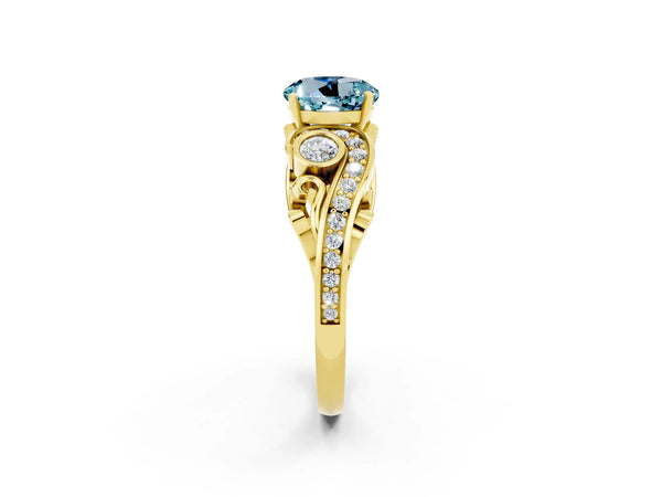 Yellow gold Round Cut Aquamarine Solitaire Ring with Milgrain Pavé Band and Four-Prong Setting