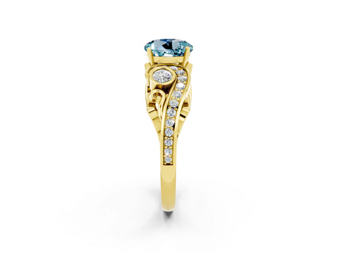 Yellow gold Round Cut Aquamarine Solitaire Ring with Milgrain Pavé Band and Four-Prong Setting_26