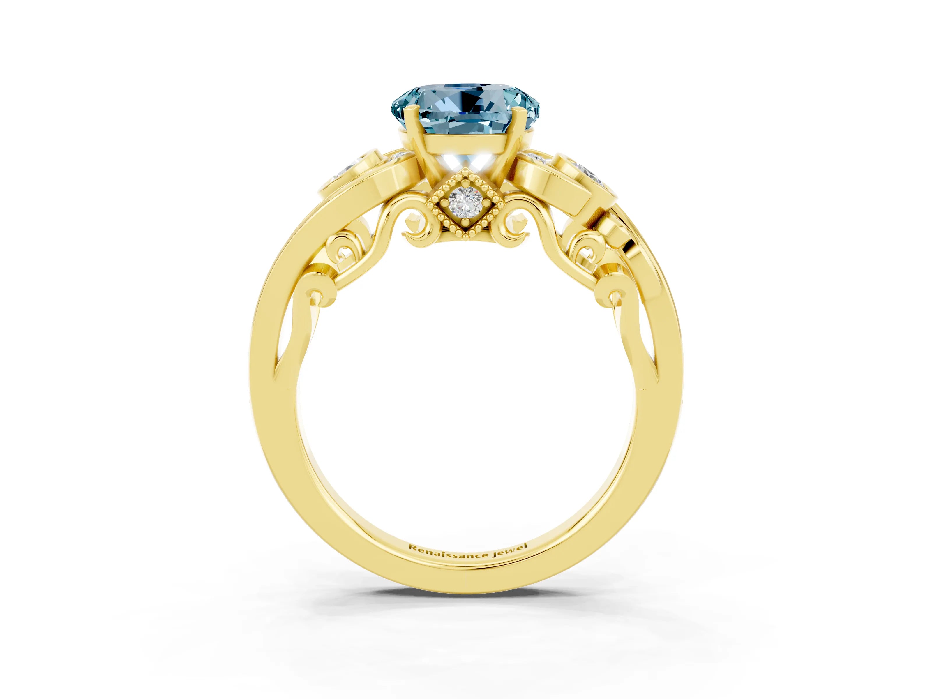 Yellow gold Round Cut Aquamarine Solitaire Ring with Milgrain Pavé Band and Four-Prong Setting_27
