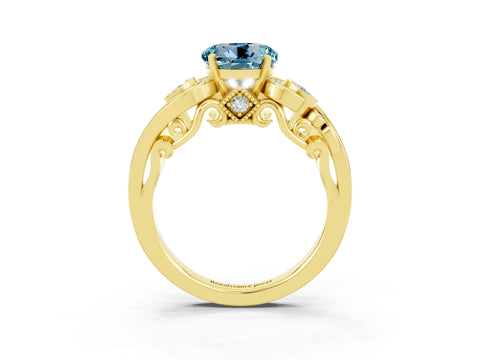 Yellow gold Round Cut Aquamarine Solitaire Ring with Milgrain Pavé Band and Four-Prong Setting_27