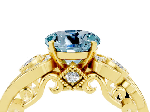 Yellow gold Round Cut Aquamarine Solitaire Ring with Milgrain Pavé Band and Four-Prong Setting_28