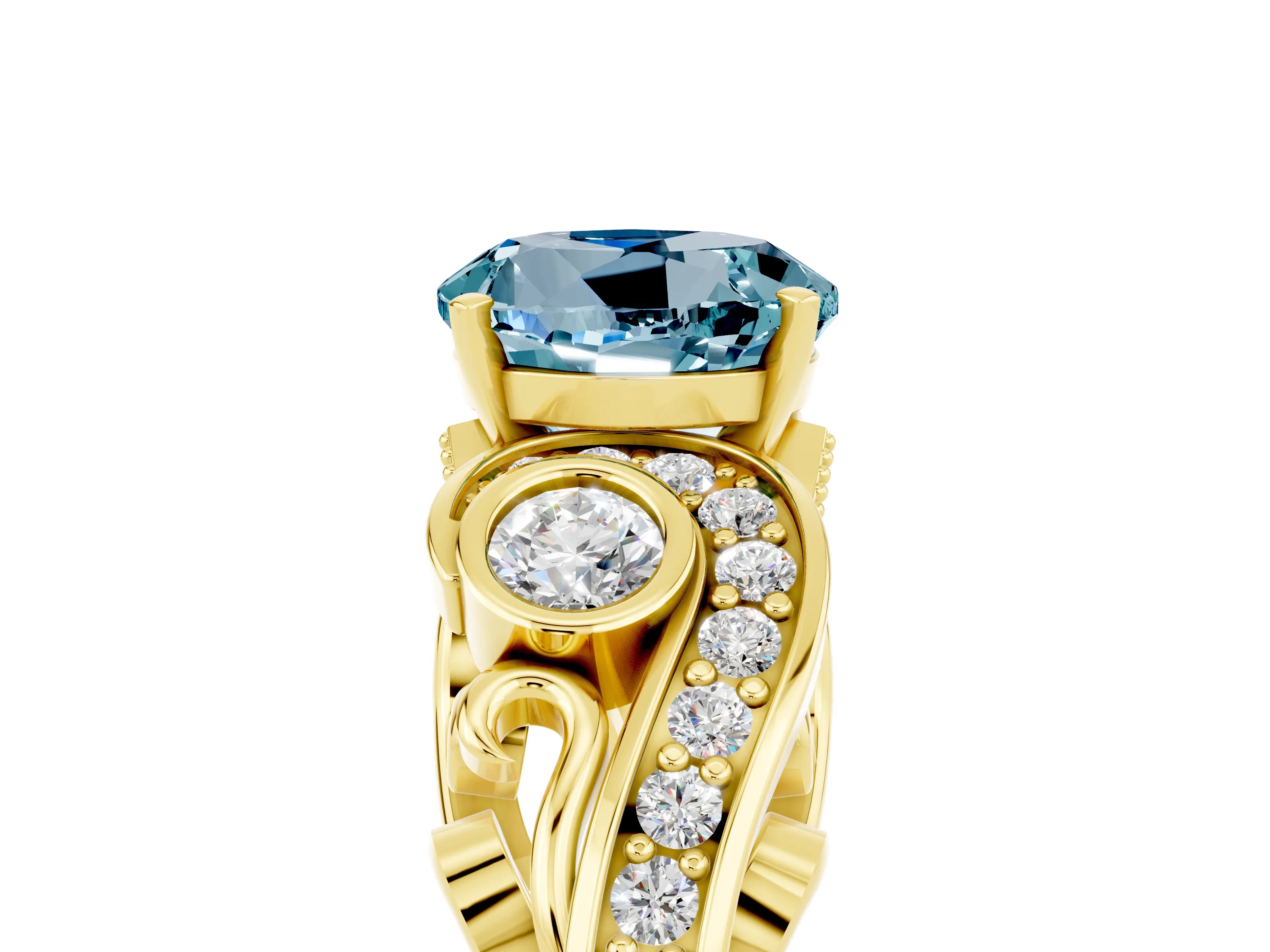 Yellow gold Round Cut Aquamarine Solitaire Ring with Milgrain Pavé Band and Four-Prong Setting_29