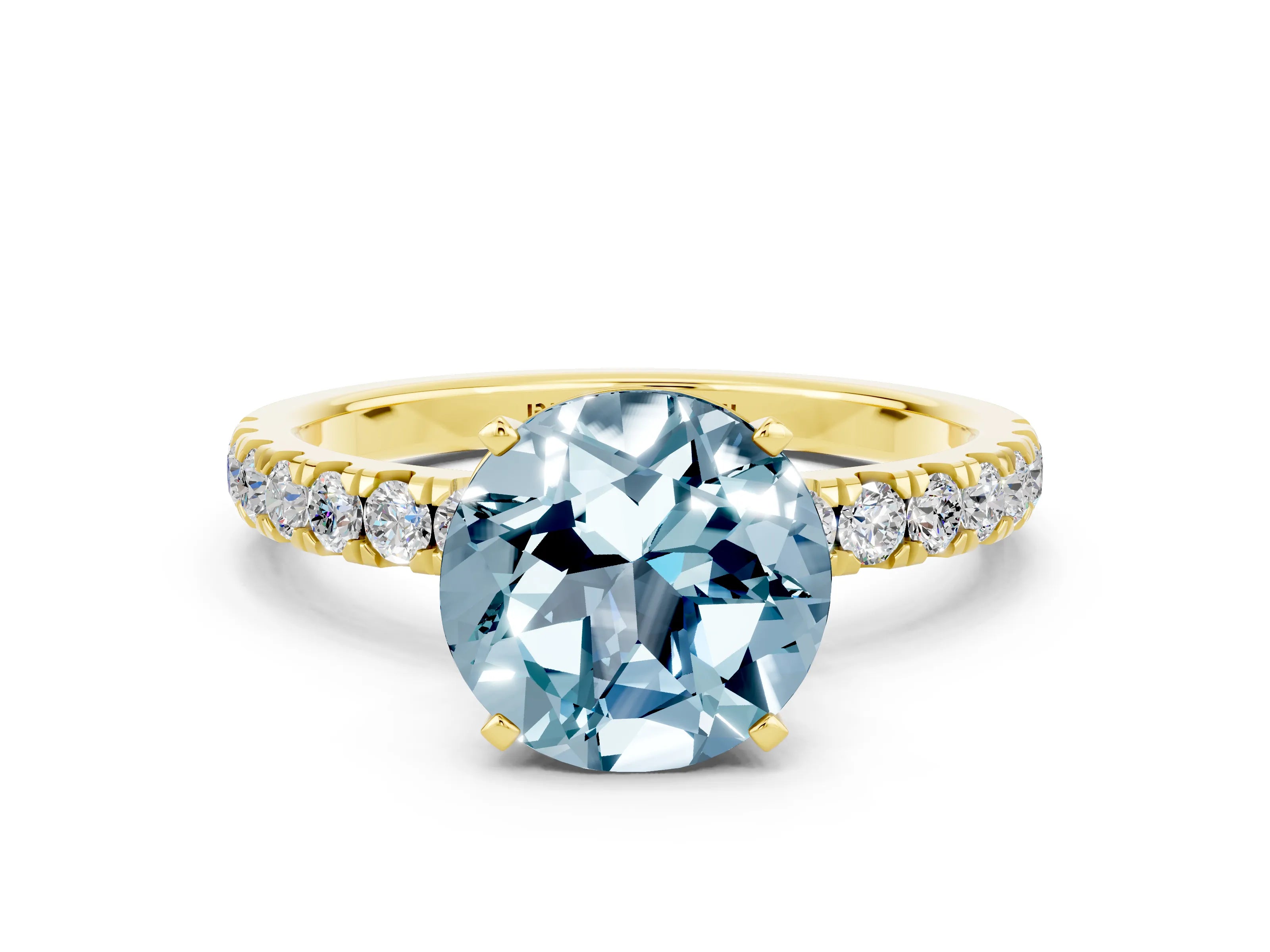 Yellow gold Round Cut Aquamarine Solitaire Ring with Pavé Accents and Four-Prong Setting
