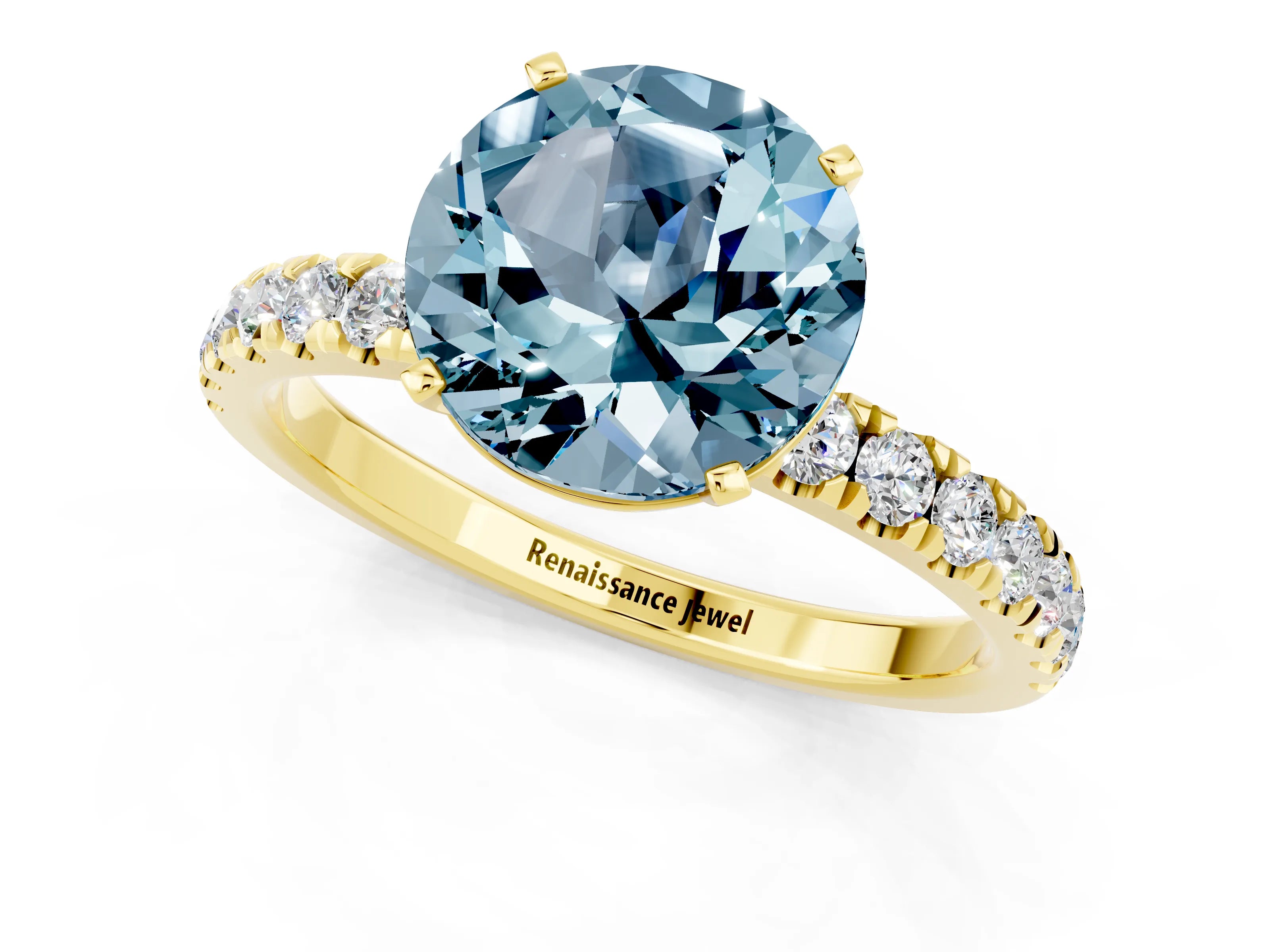 Yellow gold Round Cut Aquamarine Solitaire Ring with Pavé Accents and Four-Prong Setting_1