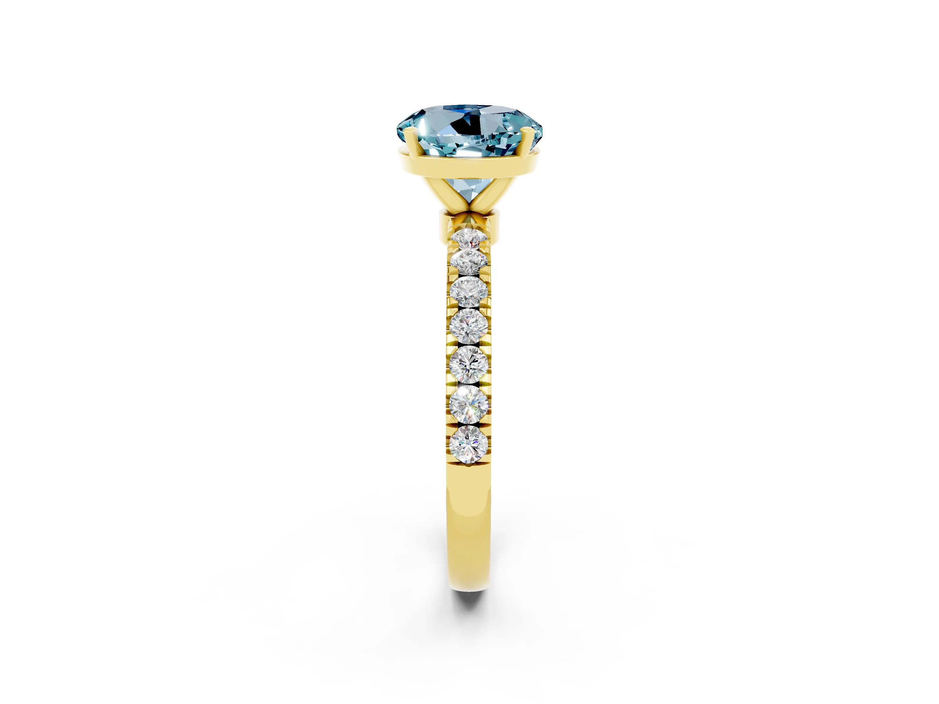 Yellow gold Round Cut Aquamarine Solitaire Ring with Pavé Accents and Four-Prong Setting_2