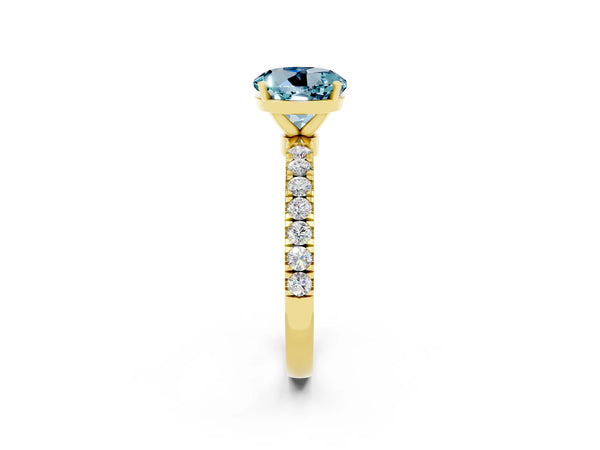 Yellow gold Round Cut Aquamarine Solitaire Ring with Pavé Accents and Four-Prong Setting