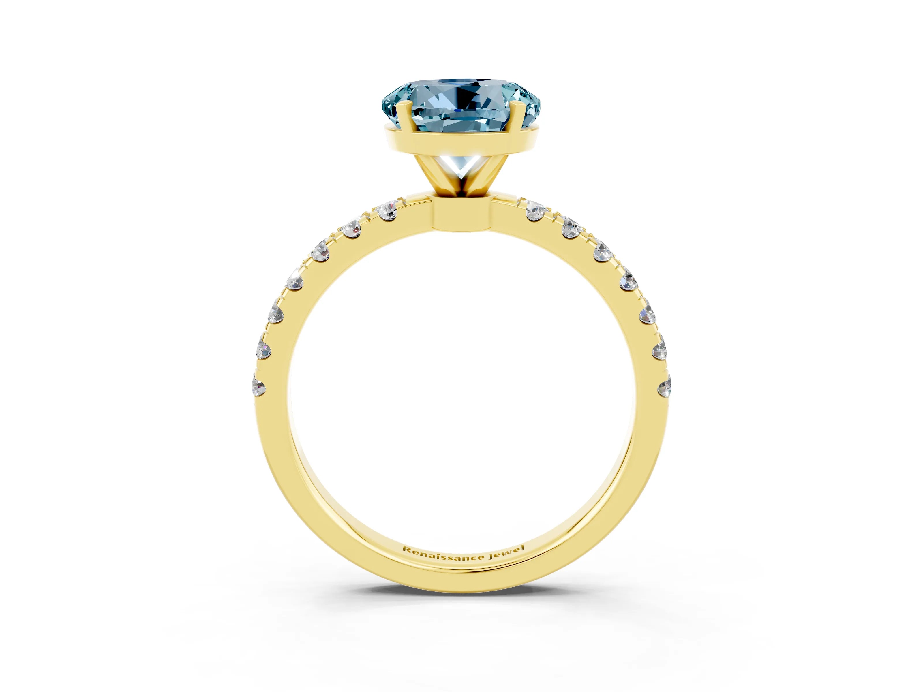 Yellow gold Round Cut Aquamarine Solitaire Ring with Pavé Accents and Four-Prong Setting_3