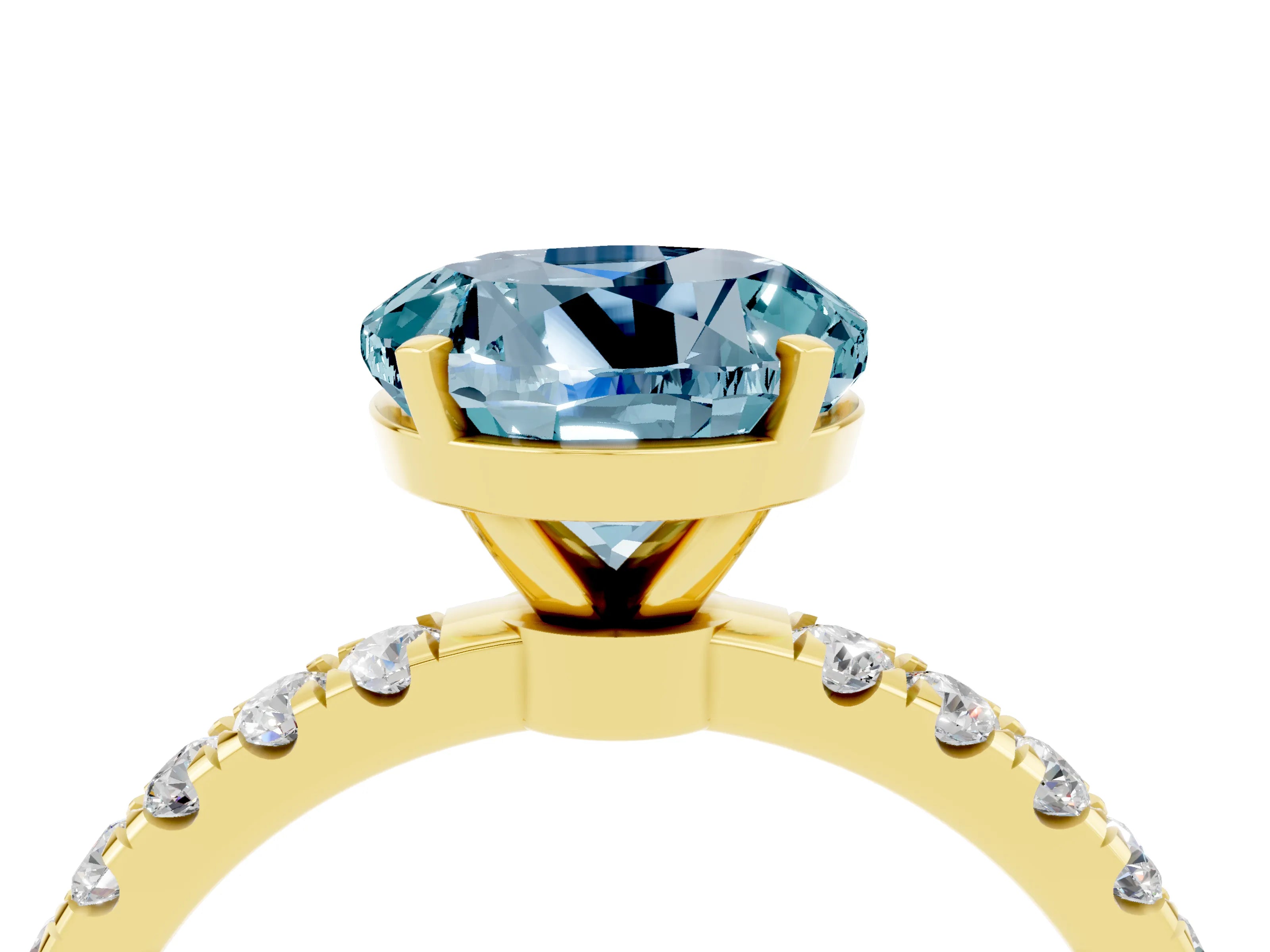Yellow gold Round Cut Aquamarine Solitaire Ring with Pavé Accents and Four-Prong Setting_4