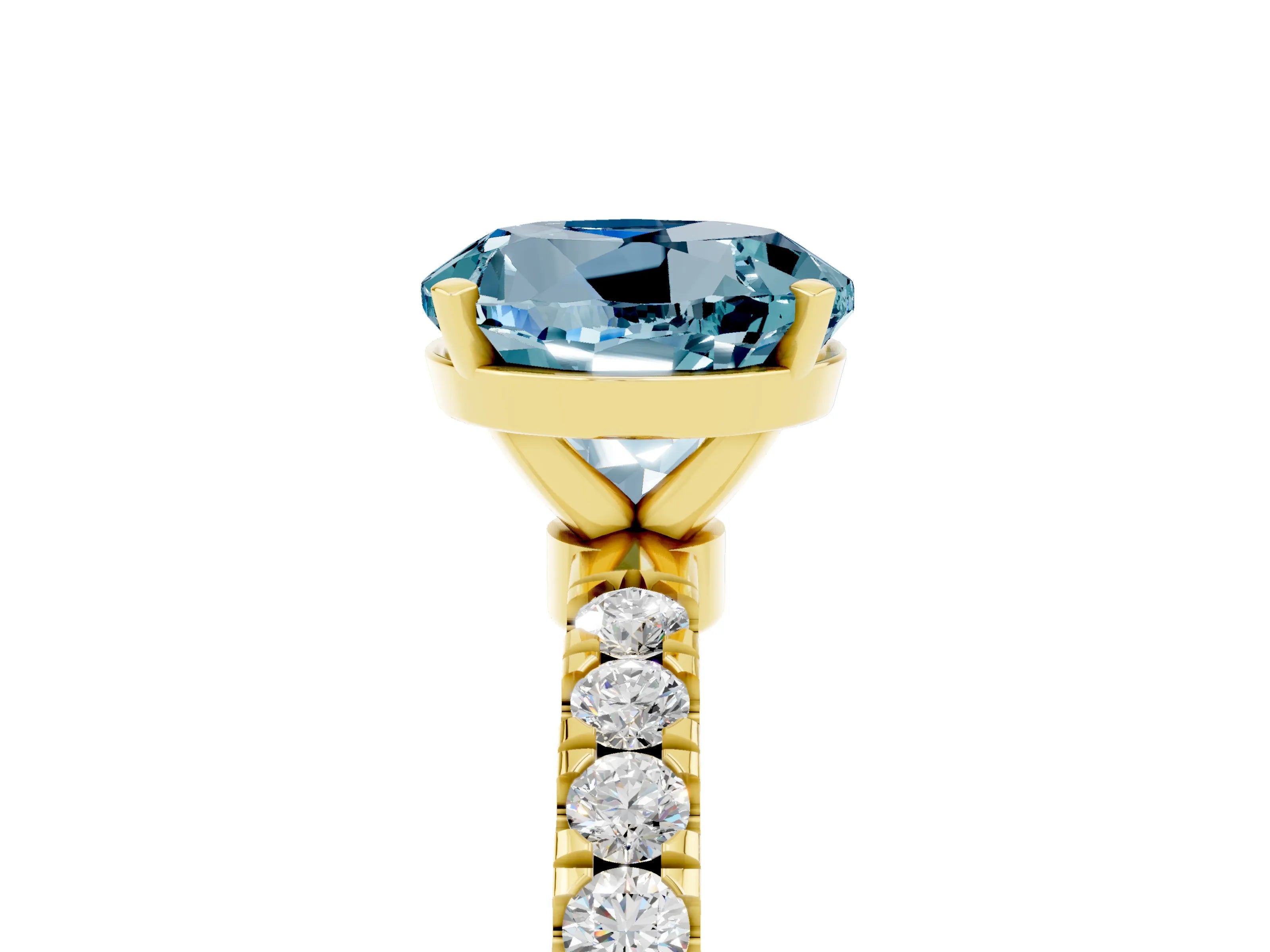 Yellow gold Round Cut Aquamarine Solitaire Ring with Pavé Accents and Four-Prong Setting_5