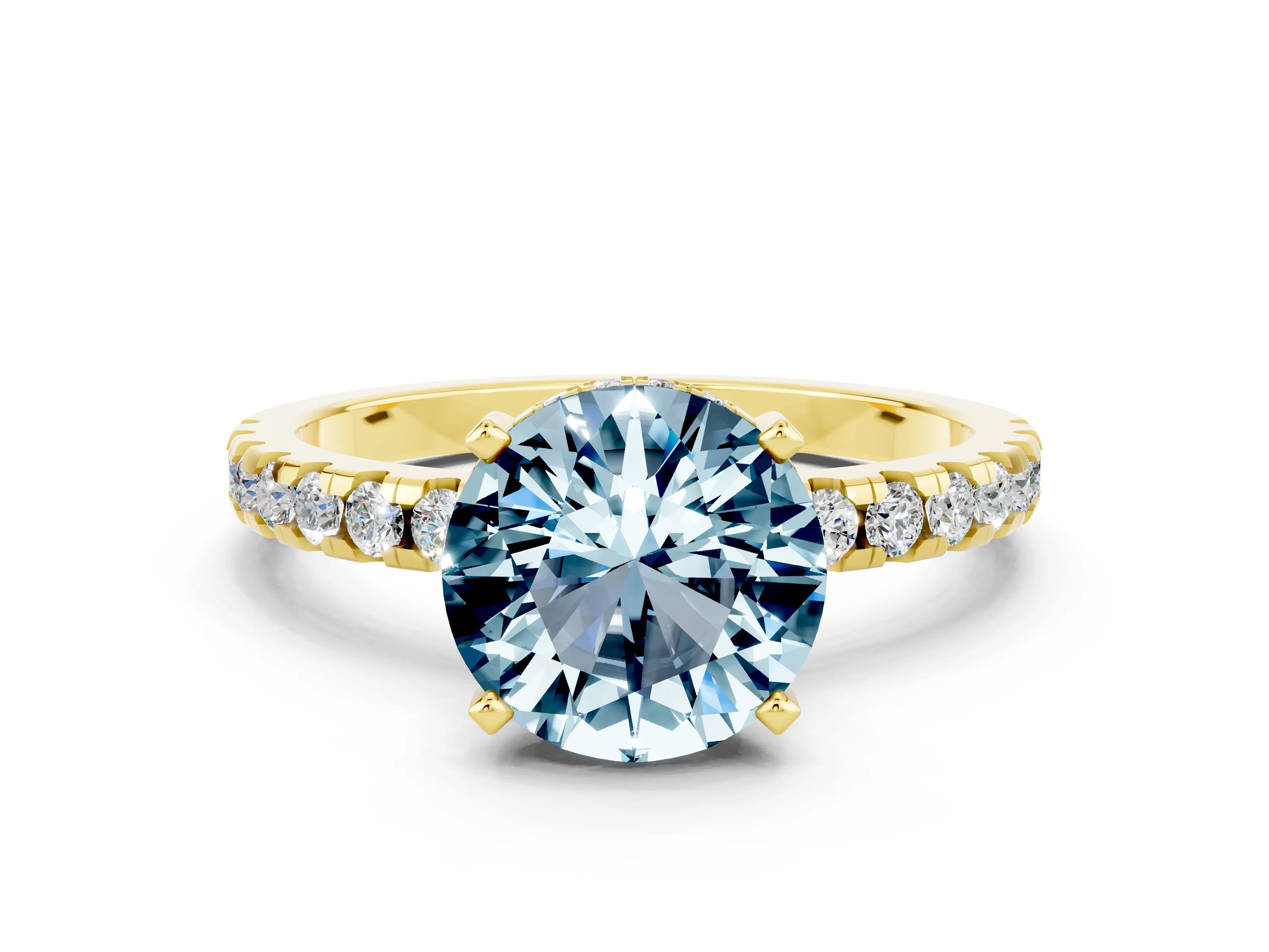 Yellow gold Round Cut Aquamarine Solitaire Ring with Pavé Band and Four-Prong Setting_24