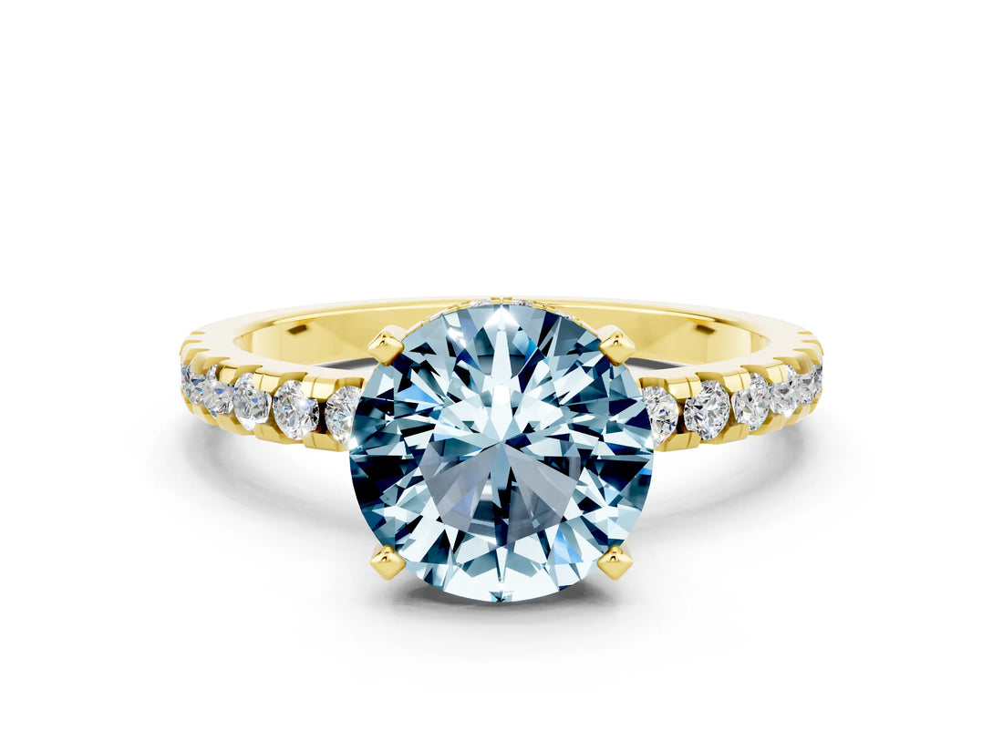 Yellow gold Round Cut Aquamarine Solitaire Ring with Pavé Band and Four-Prong Setting_24