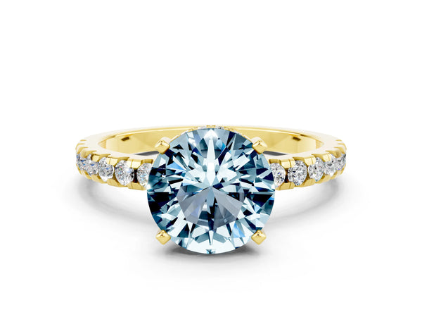 Yellow gold Round Cut Aquamarine Solitaire Ring with Round  Pavé Band and Four-Prong Setting
