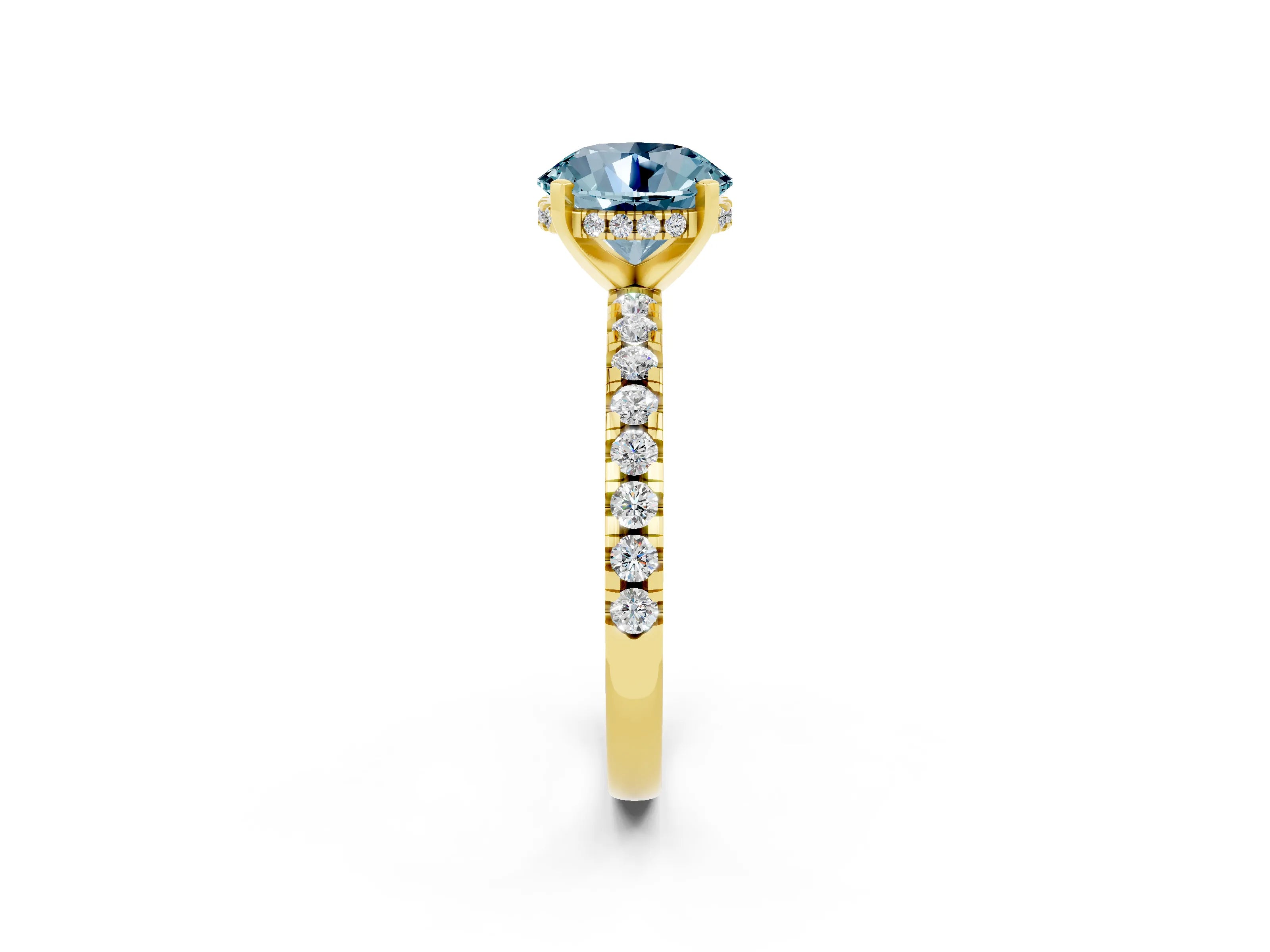 Yellow gold Round Cut Aquamarine Solitaire Ring with Pavé Band and Four-Prong Setting_26