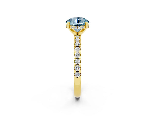 Yellow gold Round Cut Aquamarine Solitaire Ring with Round  Pavé Band and Four-Prong Setting