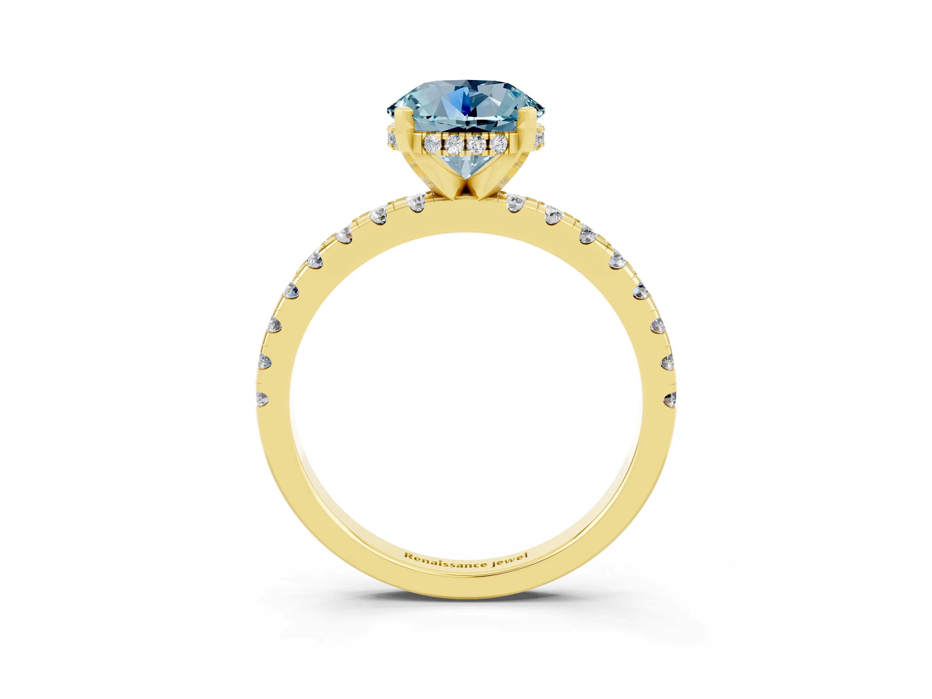 Yellow gold Round Cut Aquamarine Solitaire Ring with Pavé Band and Four-Prong Setting_27
