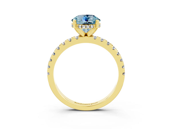 Yellow gold Round Cut Aquamarine Solitaire Ring with Round  Pavé Band and Four-Prong Setting