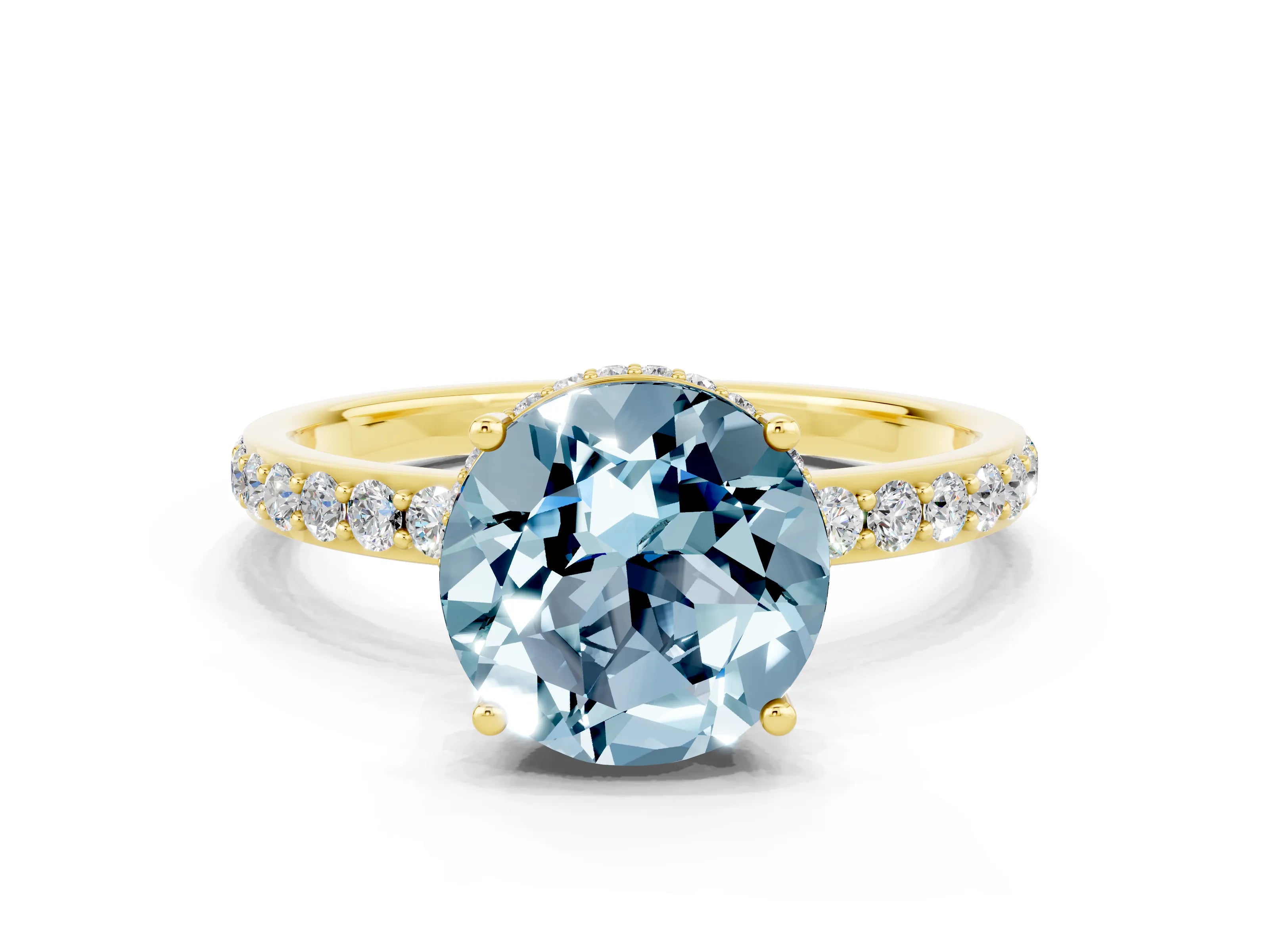 Yellow gold Round Cut Aquamarine Solitaire Ring with Pavé Band and Hidden Halo_12