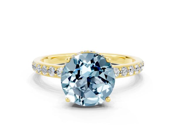 Yellow gold Round Cut Aquamarine Solitaire Ring with Pavé Band and Hidden Halo