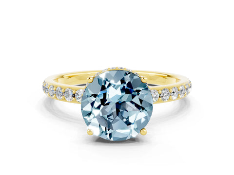 Yellow gold Round Cut Aquamarine Solitaire Ring with Pavé Band and Hidden Halo_12