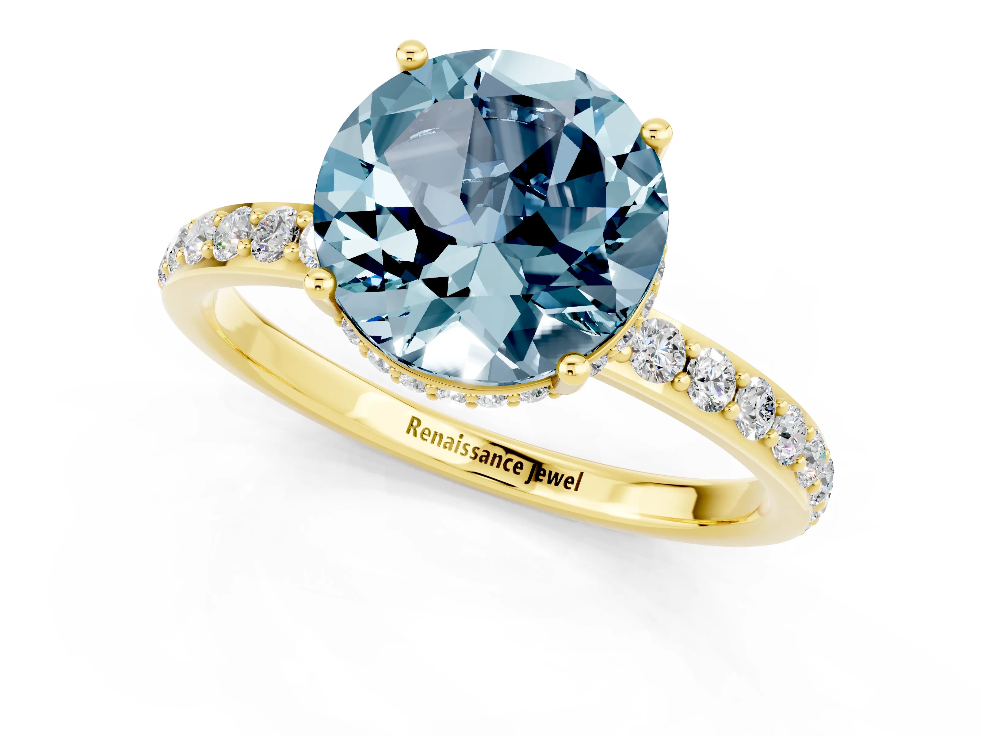 Yellow gold Round Cut Aquamarine Solitaire Ring with Pavé Band and Hidden Halo_13