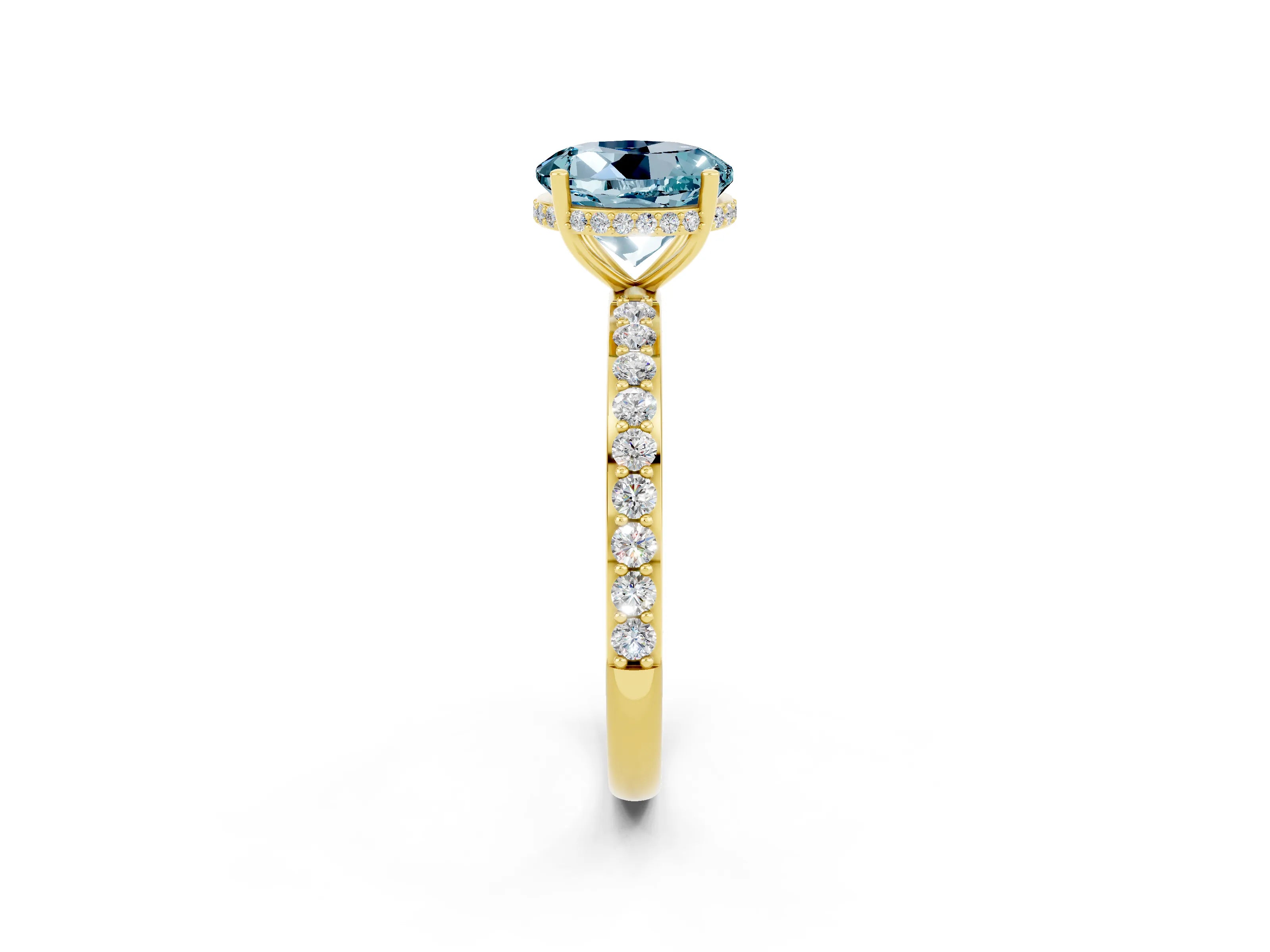 Yellow gold Round Cut Aquamarine Solitaire Ring with Pavé Band and Hidden Halo_14