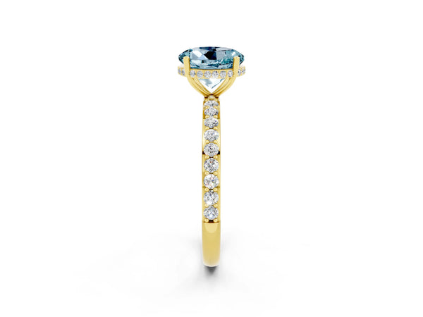 Yellow gold Round Cut Aquamarine Solitaire Ring with Pavé Band and Hidden Halo