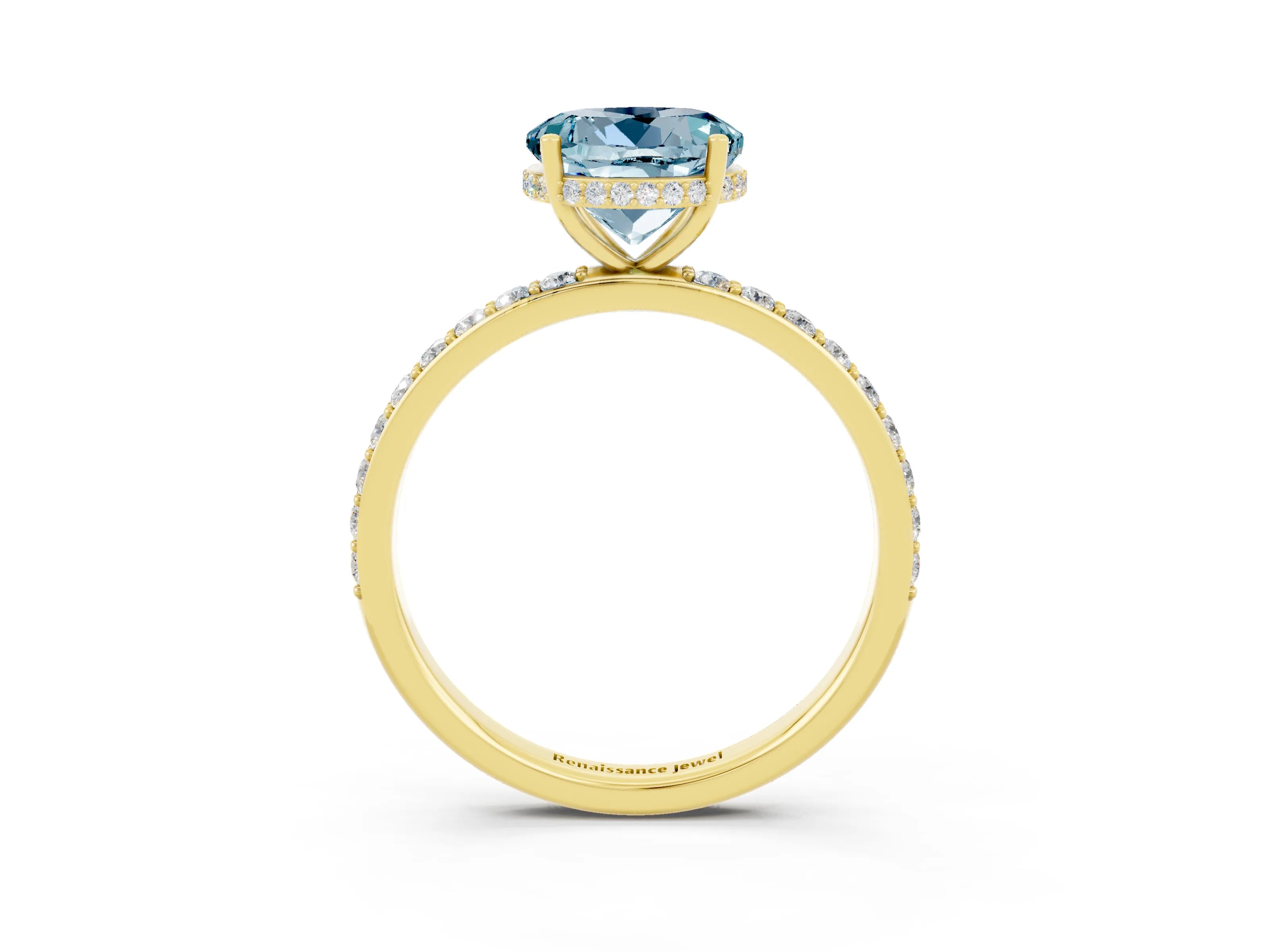 Yellow gold Round Cut Aquamarine Solitaire Ring with Pavé Band and Hidden Halo_15