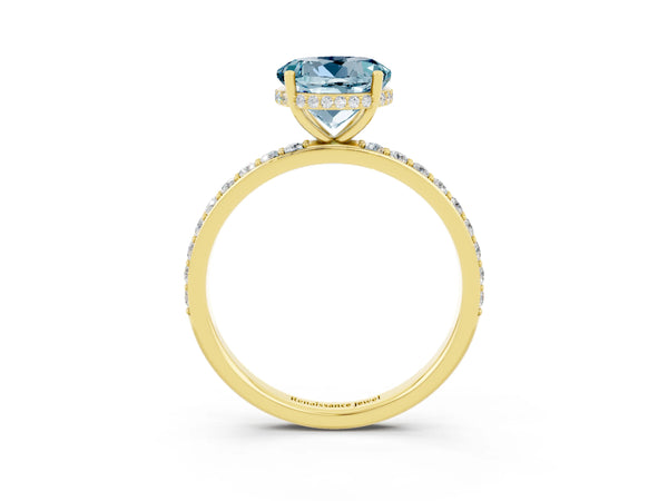 Yellow gold Round Cut Aquamarine Solitaire Ring with Pavé Band and Hidden Halo