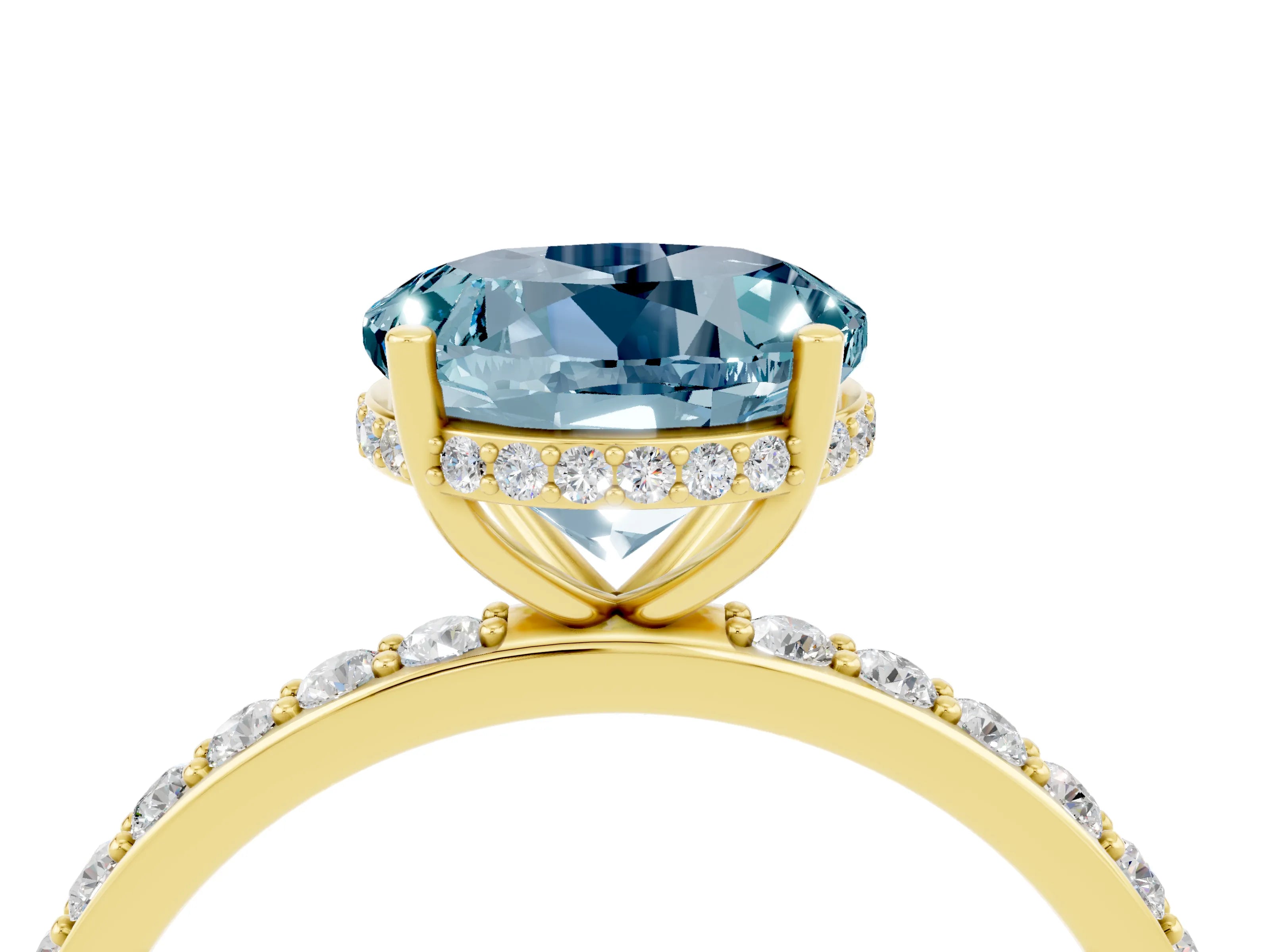 Yellow gold Round Cut Aquamarine Solitaire Ring with Pavé Band and Hidden Halo_16