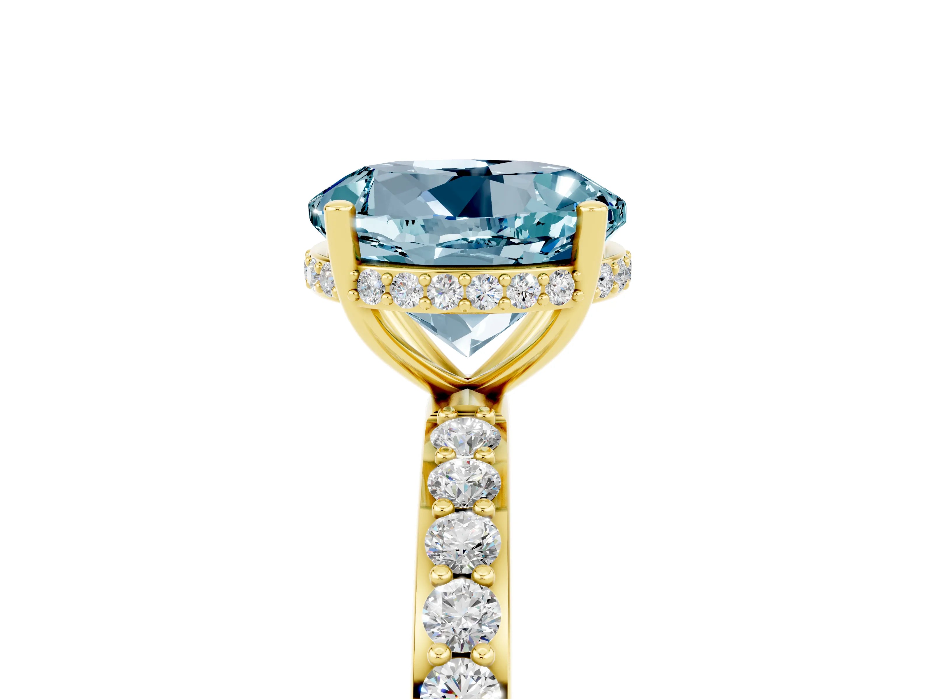 Yellow gold Round Cut Aquamarine Solitaire Ring with Pavé Band and Hidden Halo_17