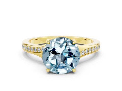 Yellow gold Round Cut Aquamarine Solitaire Ring with Pavé Band and Prong Setting_12