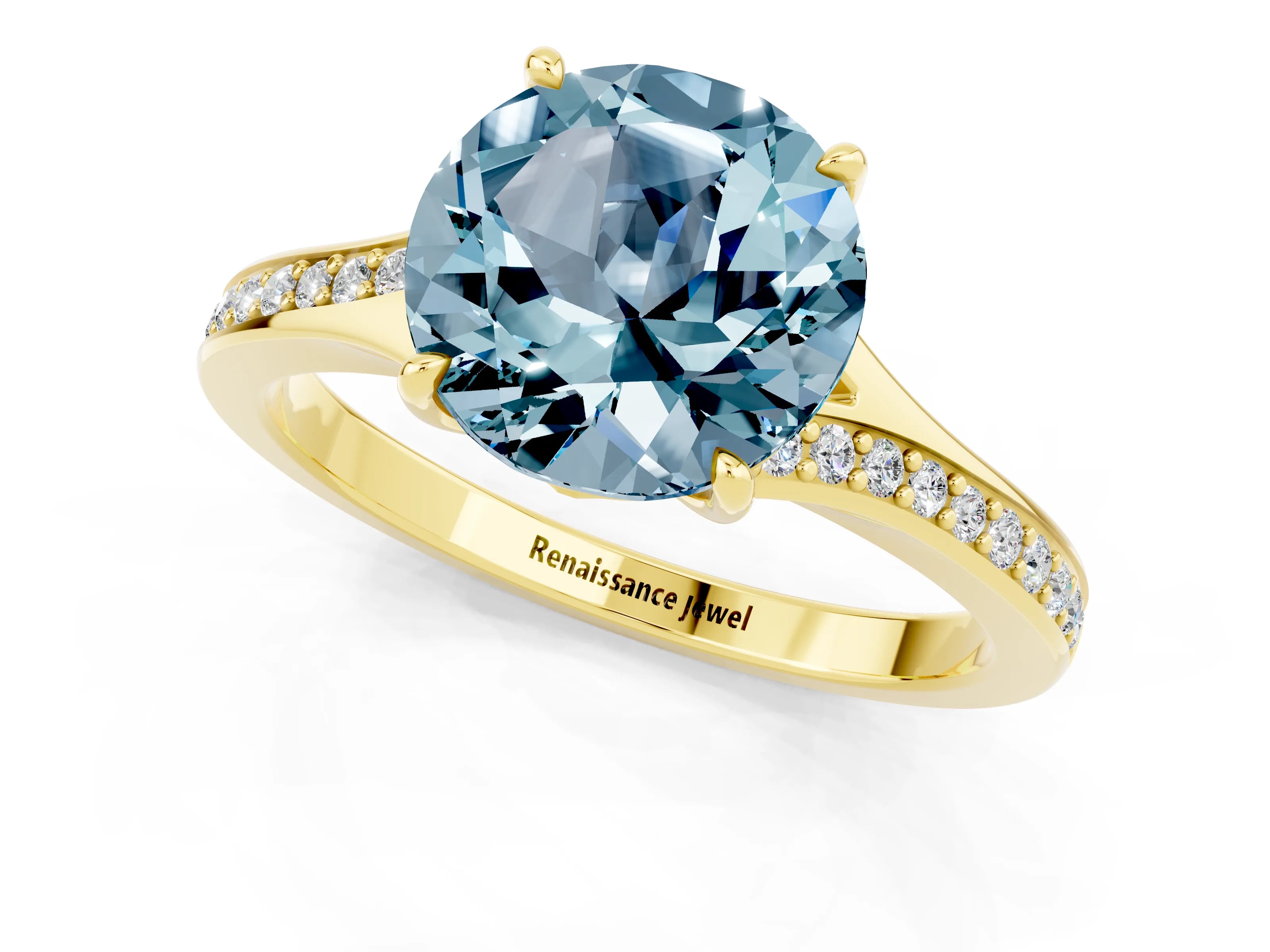 Yellow gold Round Cut Aquamarine Solitaire Ring with Pavé Band and Prong Setting_13