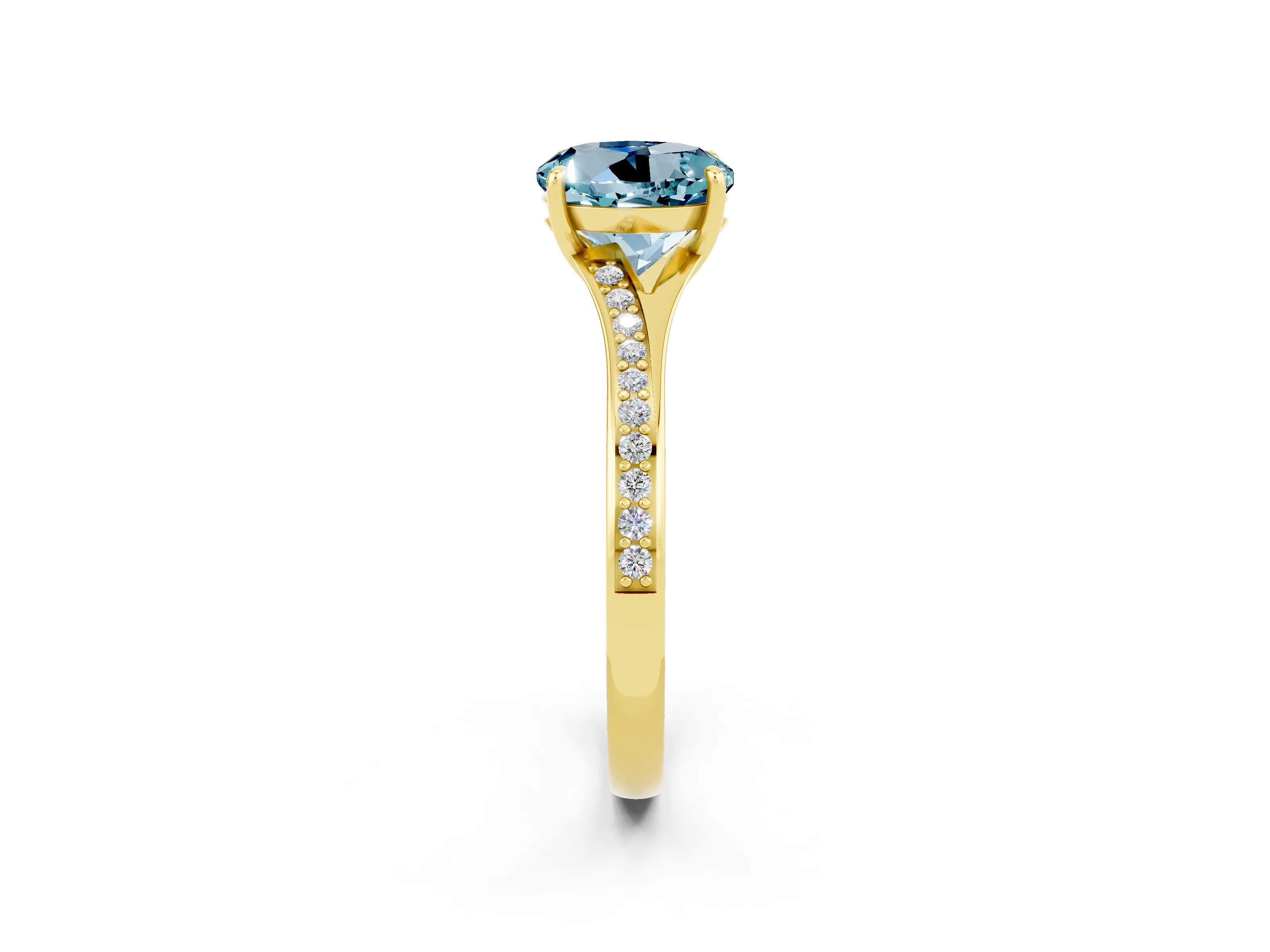 Yellow gold Round Cut Aquamarine Solitaire Ring with Pavé Band and Prong Setting_14