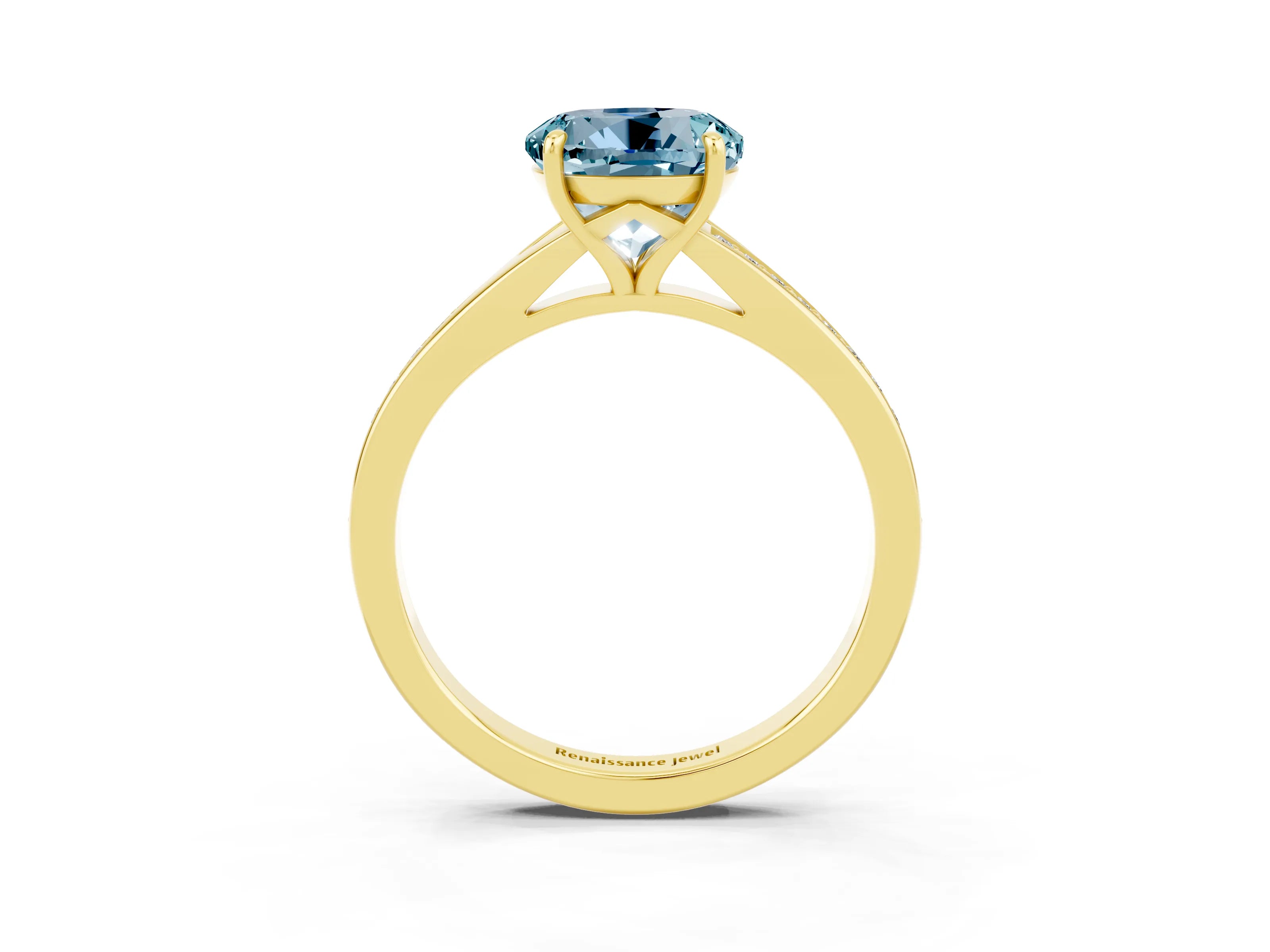 Yellow gold Round Cut Aquamarine Solitaire Ring with Pavé Band and Prong Setting_15