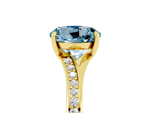 Yellow gold Round Cut Aquamarine Solitaire Ring with Pavé Band and Prong Setting_17