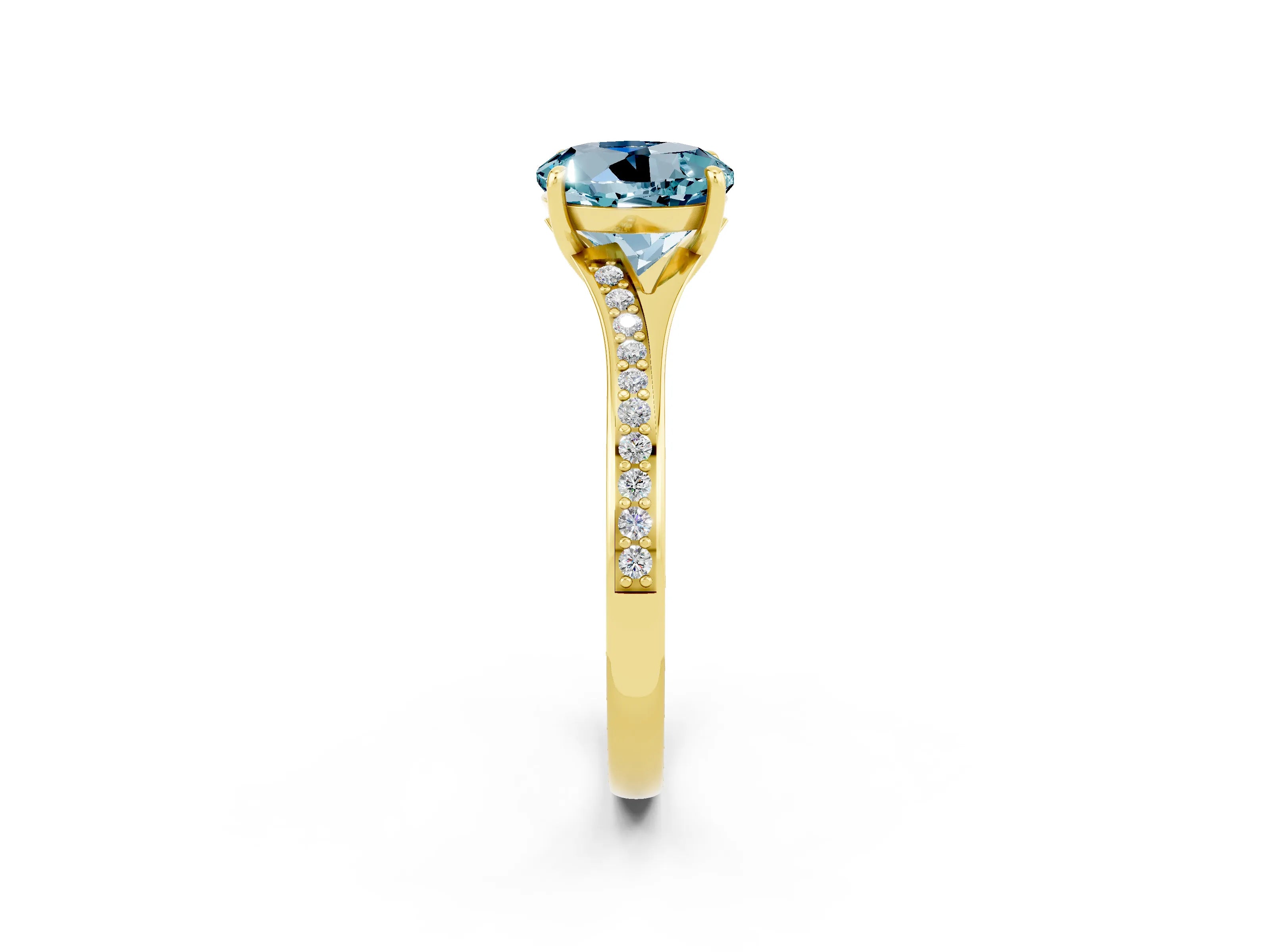 Yellow gold Round Cut Aquamarine Solitaire Ring with Pavé Band and Prong Setting_2