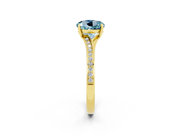 Yellow gold Round Cut Aquamarine Solitaire Ring with Pavé Band and Prong Setting