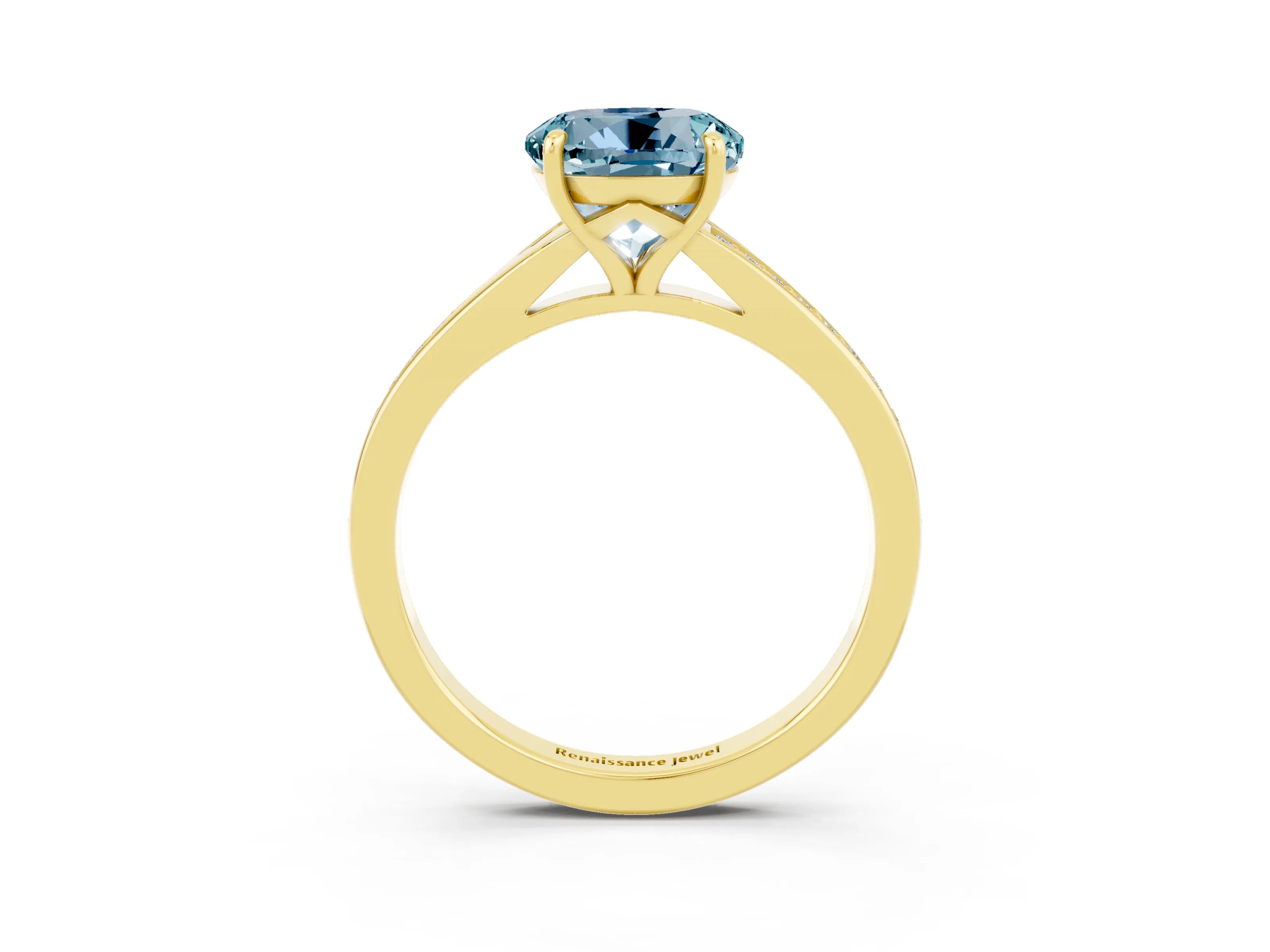 Yellow gold Round Cut Aquamarine Solitaire Ring with Pavé Band and Prong Setting_3