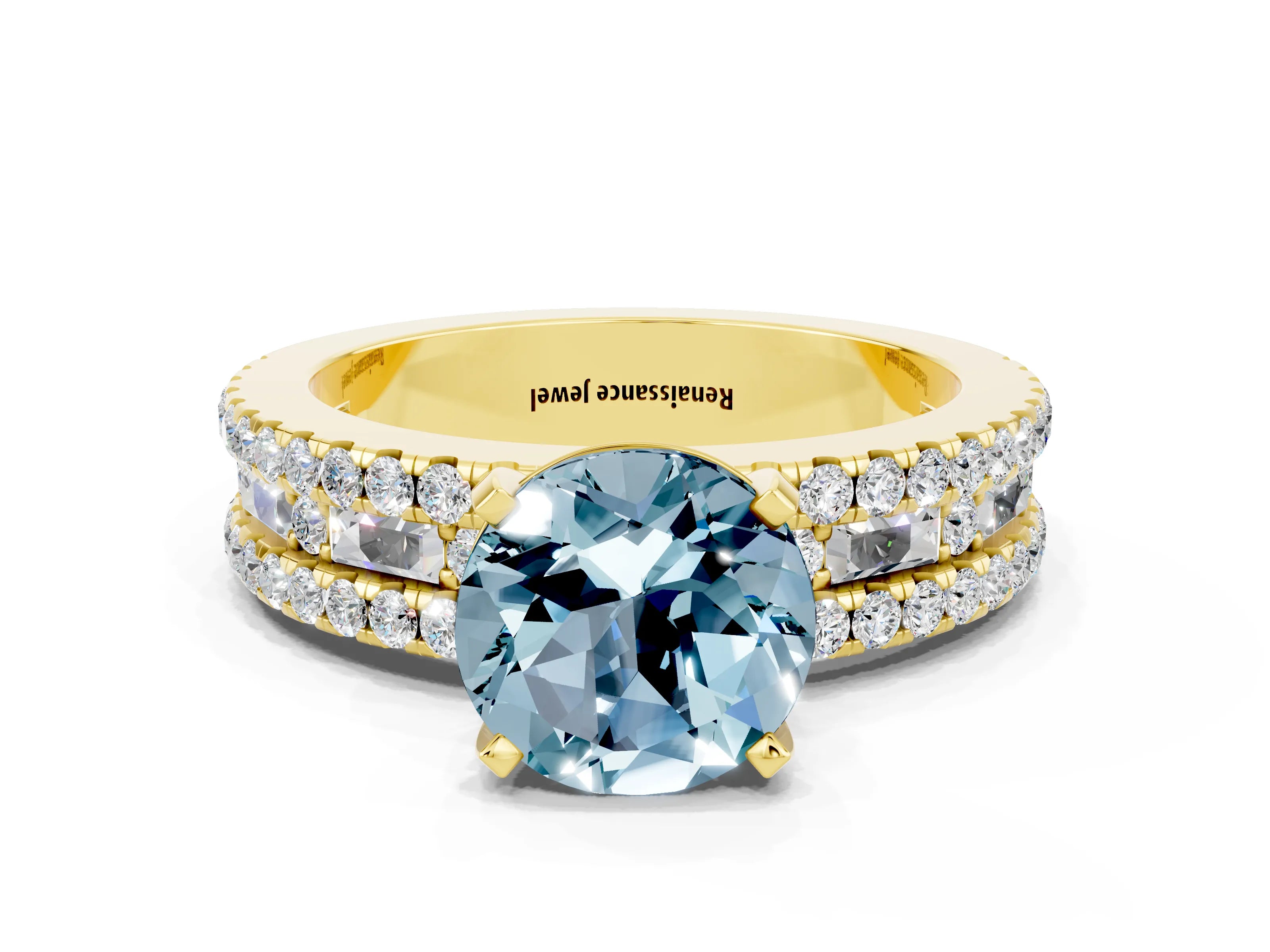 Yellow gold Round Cut Aquamarine Solitaire Ring with Pavé and Channel Set Band