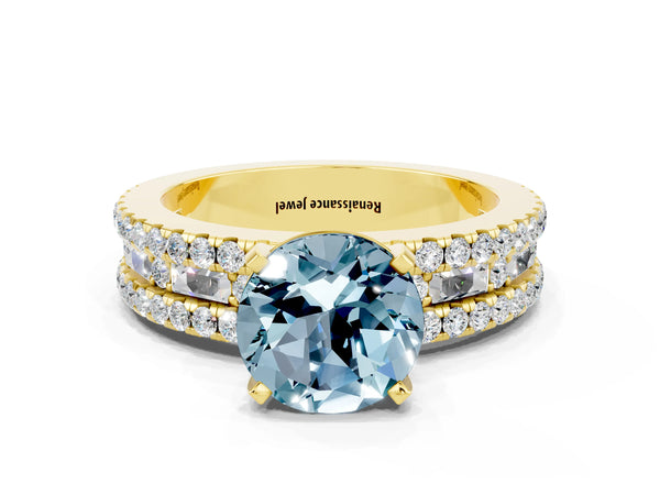 Yellow gold Round Cut Aquamarine Solitaire Ring with Pavé and Channel Set Band