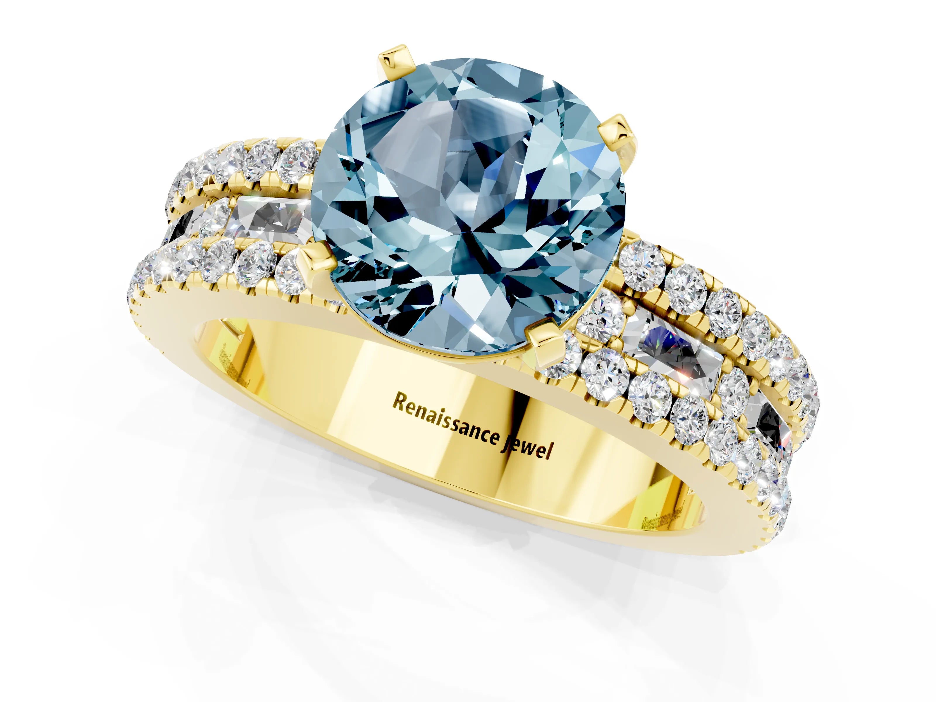 Yellow gold Round Cut Aquamarine Solitaire Ring with Pavé and Channel Set Band_1