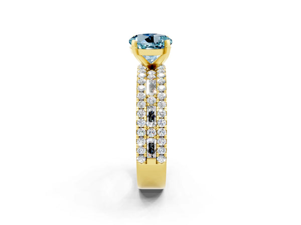 Yellow gold Round Cut Aquamarine Solitaire Ring with Pavé and Channel Set Band